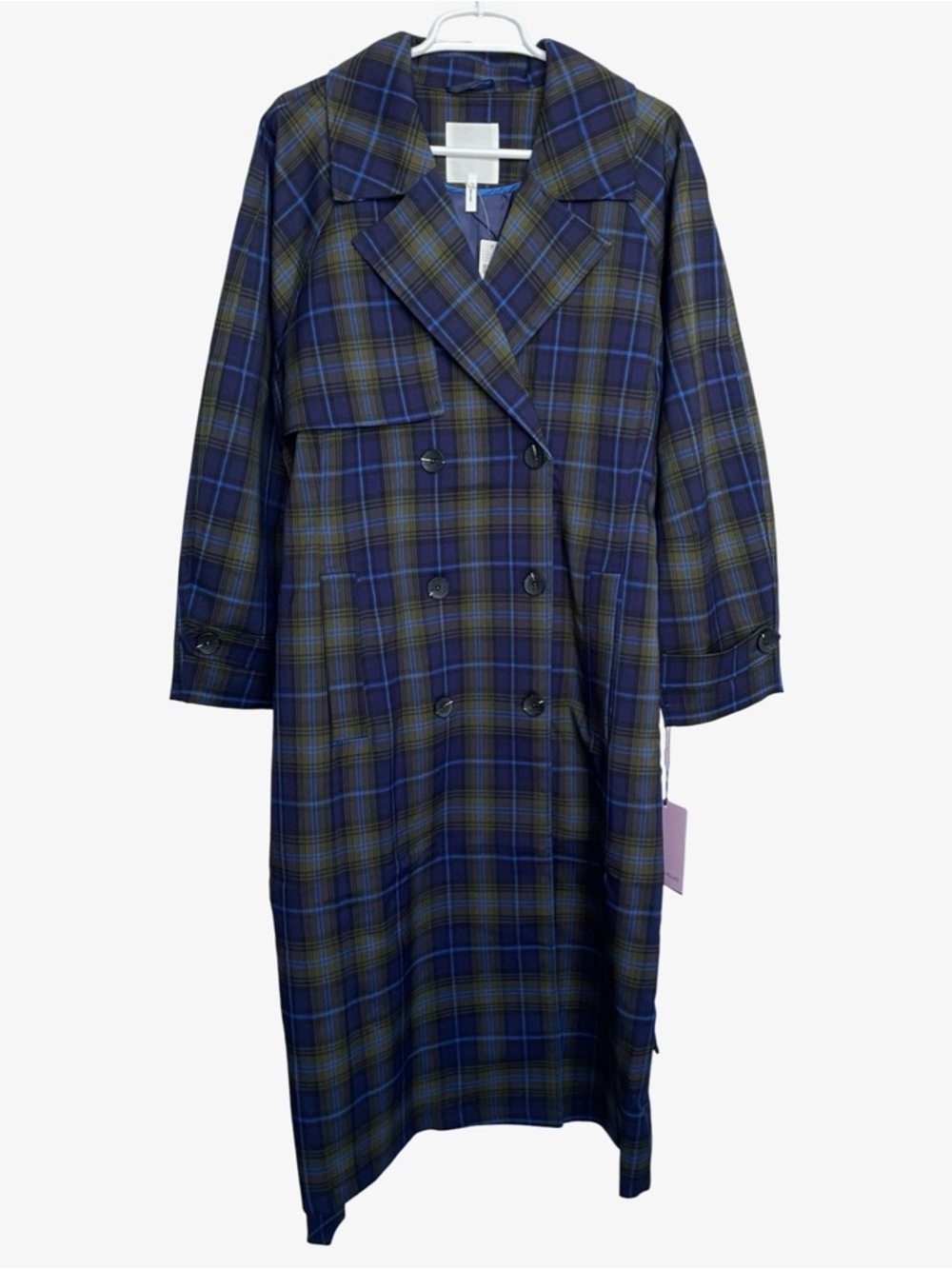 Avec Les Filles Double-Breasted Trench Coat Navy Plaid Large NWT - Picture 8 of 16